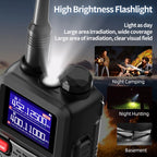 High brightness WavieRun Emergency Walkie Talkie with digital display, used for night camping, hunting, and other activities.
