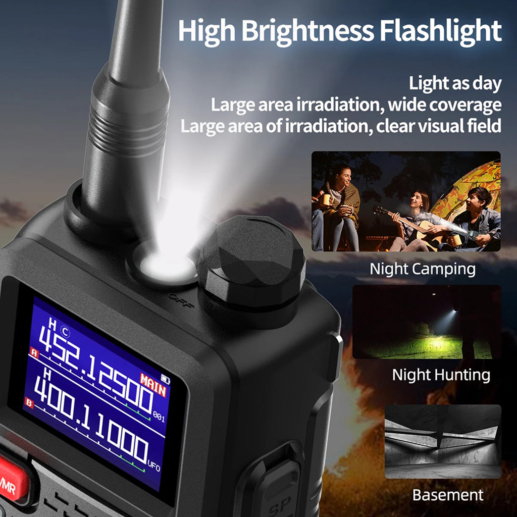 High brightness WavieRun Emergency Walkie Talkie with digital display, used for night camping, hunting, and other activities.