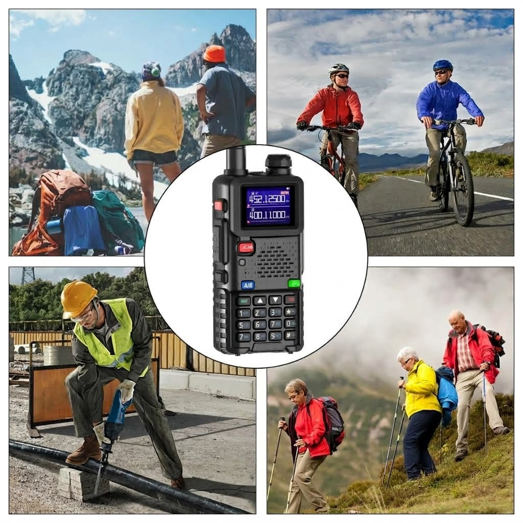 A rugged black WavieRun Emergency Walkie Talkie with a blue backlit display is centered in a circular inset, surrounded by a collage of outdoor lifestyle scenes including mountain hikers, cyclists, a construction worker using a tool, and elderly hikers.