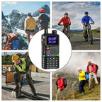 A rugged black WavieRun Emergency Walkie Talkie with a blue backlit display is centered in a circular inset, surrounded by a collage of outdoor lifestyle scenes including mountain hikers, cyclists, a construction worker using a tool, and elderly hikers.