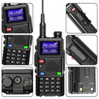 Collage of a black WavieRun Emergency Walkie Talkie with digital display and various angles shown.