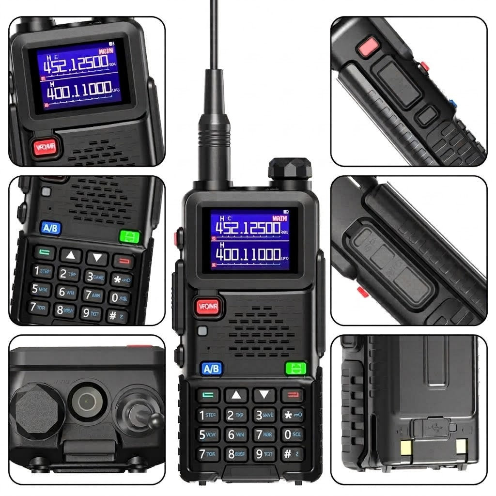 Collage of a black WavieRun Emergency Walkie Talkie with digital display and various angles shown.
