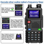 A black WavieRun Emergency Walkie Talkie device shown next to instructional panels explaining how to decode another walkie-talkie's frequency. The main product has a digital display screen, a red UFTMP button, an A/B switch, a green EH button, and a numeric keypad.