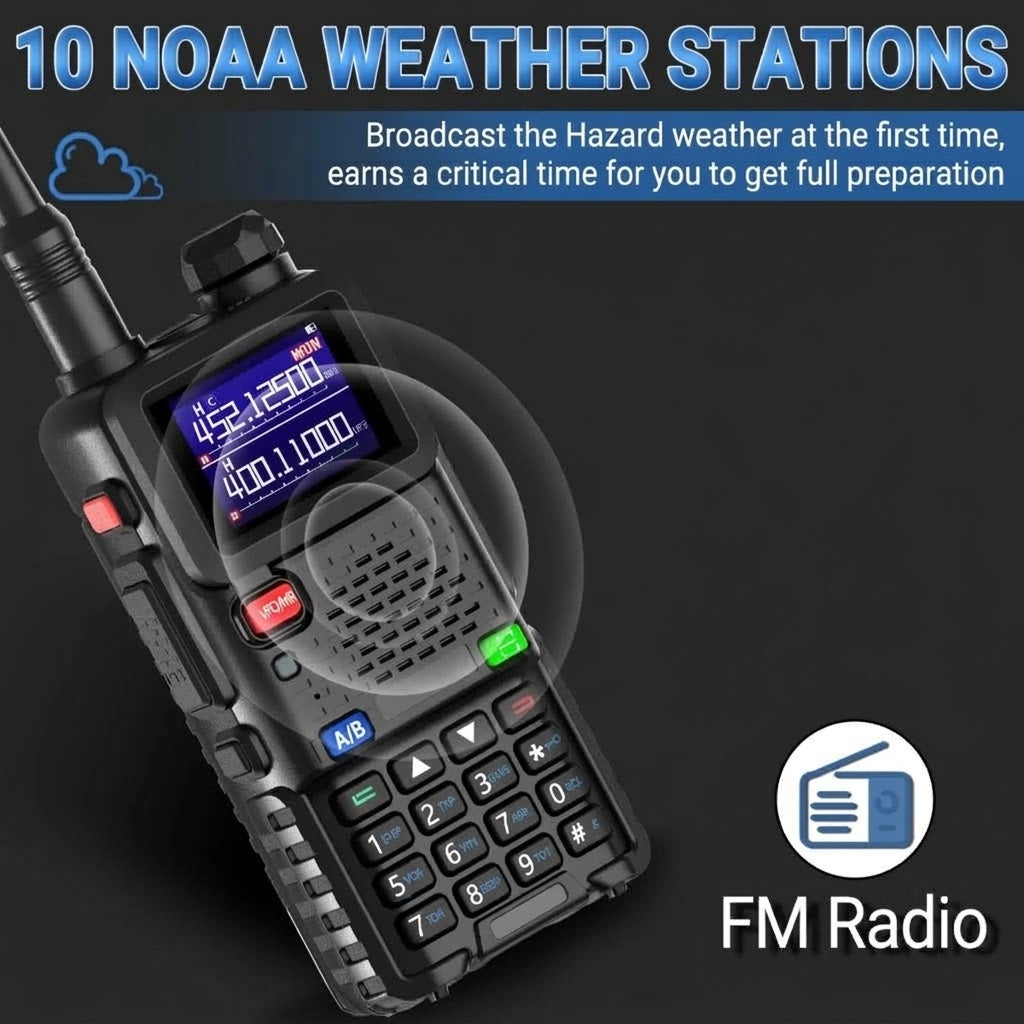 A rugged black WavieRun Emergency Walkie Talkie FM radio with a small blue display screen, red and green buttons, and a black antenna, shown on a dark background with promotional text reading '10 NOAA WEATHER STATIONS' and 'FM Radio'.