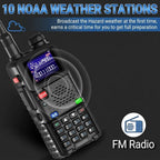 A rugged black WavieRun Emergency Walkie Talkie FM radio with a small blue display screen, red and green buttons, and a black antenna, shown on a dark background with promotional text reading '10 NOAA WEATHER STATIONS' and 'FM Radio'.
