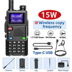 Black WavieRun Emergency Walkie Talkie radio shown with accessories and feature callouts on a white background, including a 15W wireless copy frequency banner, USB cable, earpiece, antenna, battery, clip, lanyard, and base charger.