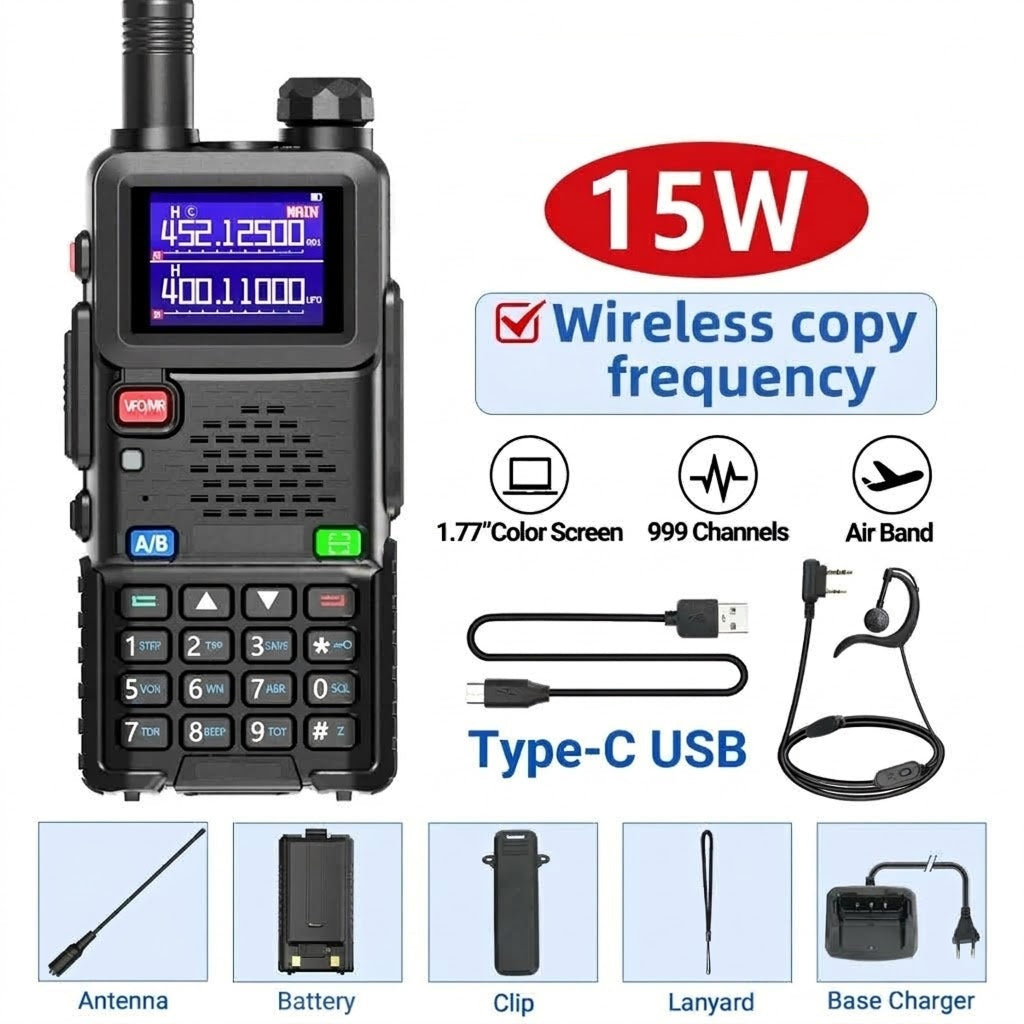 Black WavieRun Emergency Walkie Talkie radio shown with accessories and feature callouts on a white background, including a 15W wireless copy frequency banner, USB cable, earpiece, antenna, battery, clip, lanyard, and base charger.
