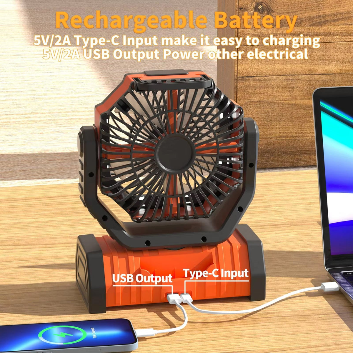 YimiKavi Camping Fan with USB and Type-C inputs on a wooden surface, connected to a laptop.