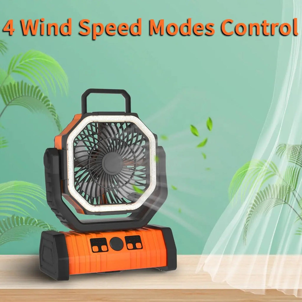 Portable YimiKavi Camping Fan with 4 wind speed modes control on a green background