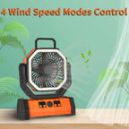 Portable YimiKavi Camping Fan with 4 wind speed modes control on a green background