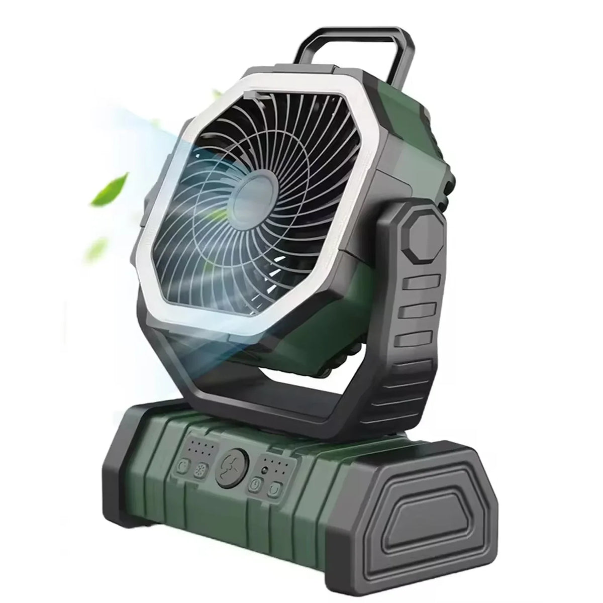 YimiKavi Camping Fan with green and black design on a white background