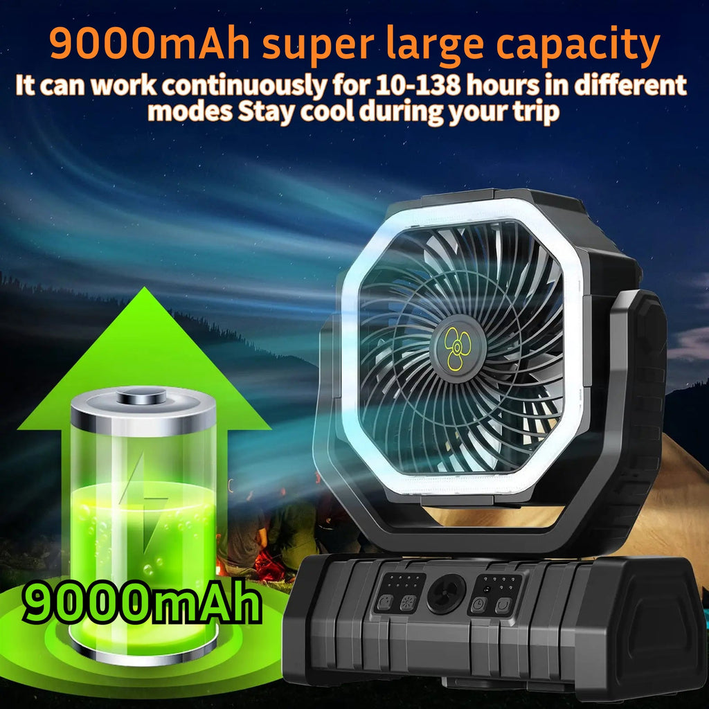 Portable YimiKavi Camping Fan with 9000mAh battery capacity on a dark background