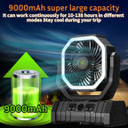 Portable YimiKavi Camping Fan with 9000mAh battery capacity on a dark background