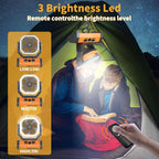 Person inside a tent using a YimiKavi Camping Fan with remote control features, showing brightness levels.