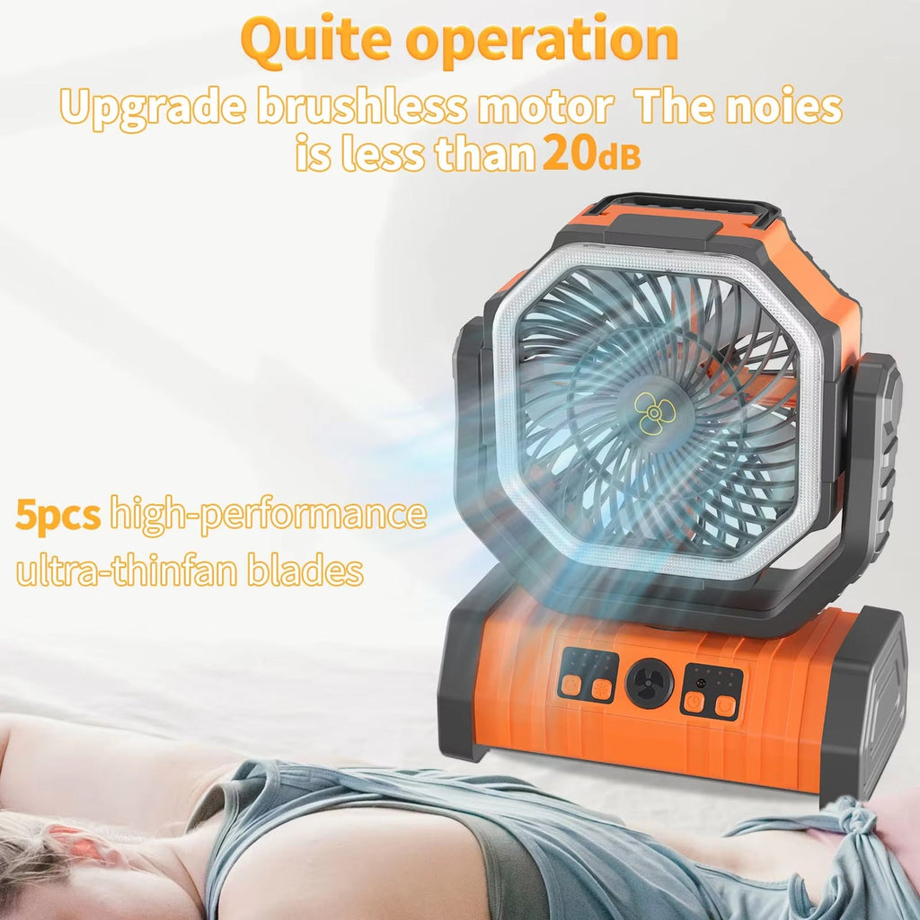 YimiKavi Camping Fan with text highlighting features on a white background