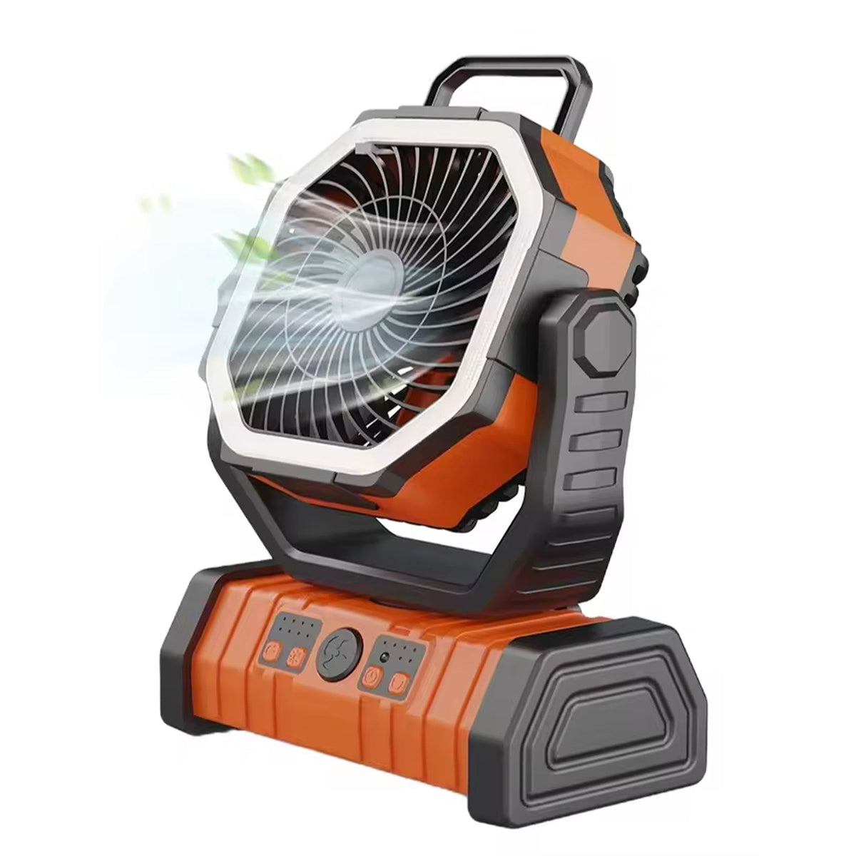 Orange and black portable YimiKavi Camping Fan on a white background
