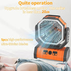 Portable YimiKavi Camping Fan with orange and black design, featuring text about its features.