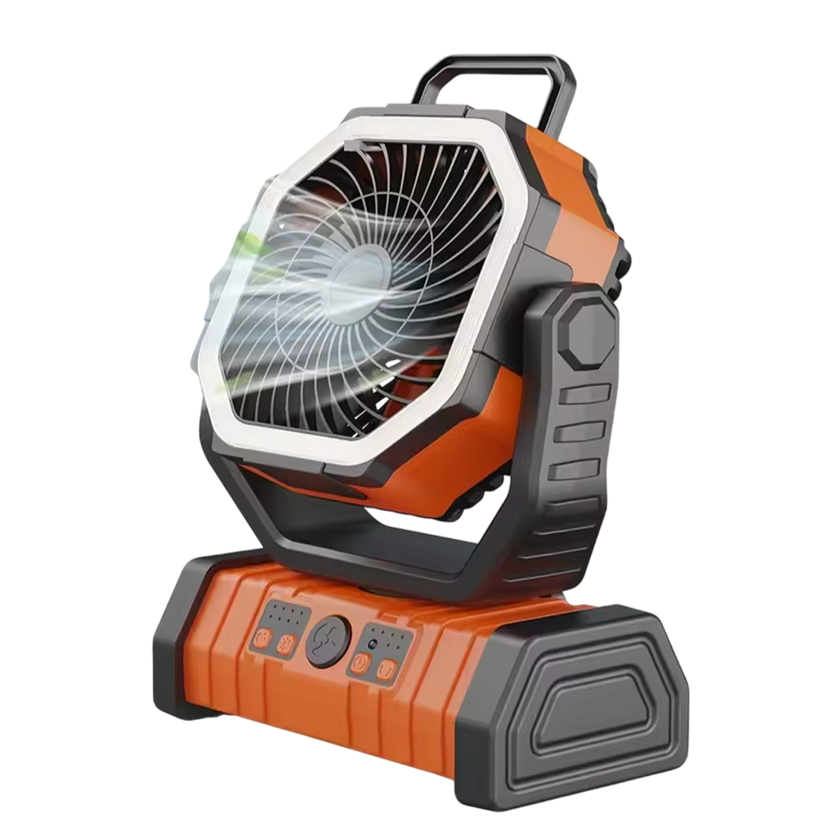 Orange and black YimiKavi Camping Fan industrial on a white background