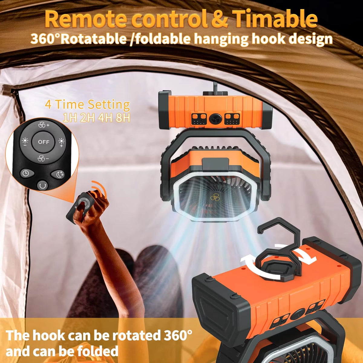 Orange and black YimiKavi Camping Fan light with remote control and 360-degree rotatable design, used in a tent setting.
