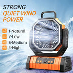 YimiKavi Camping Fan with adjustable wind speed settings on a snowy background