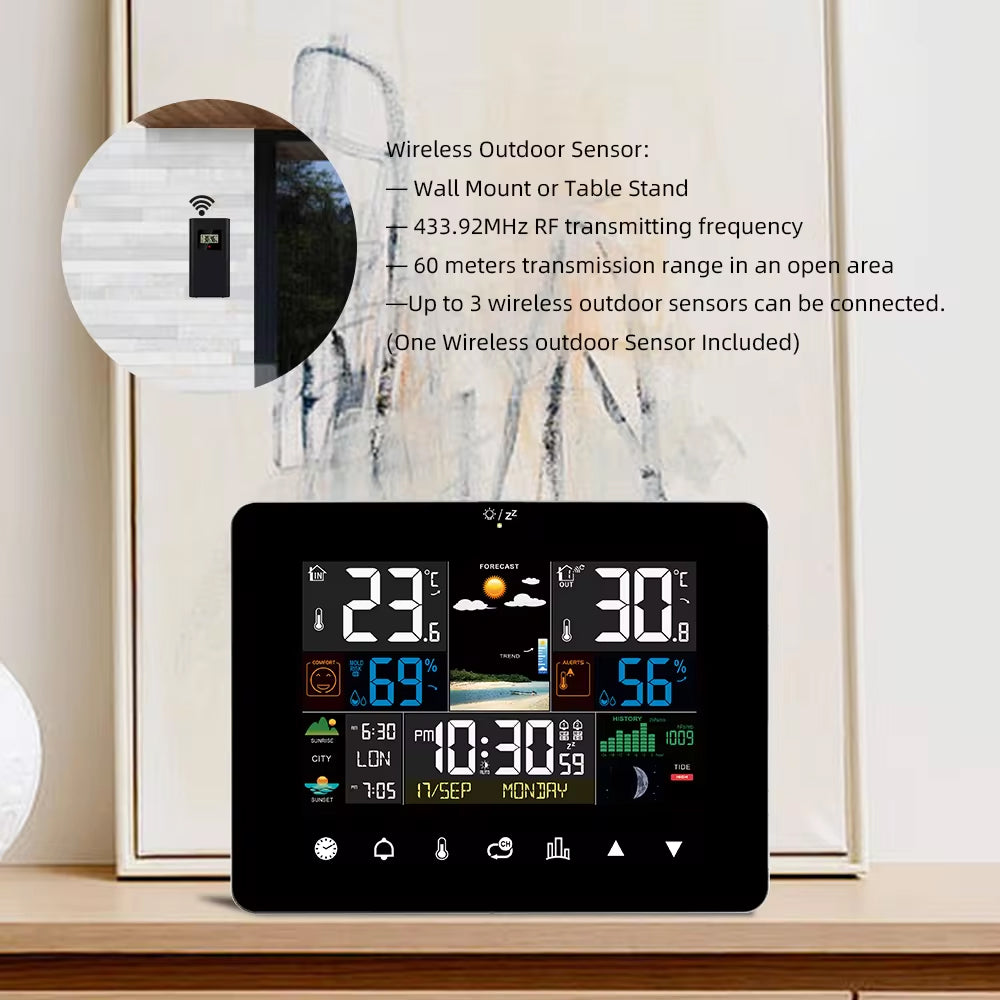 Zephytrak Home Weather Station with multiple display features on a wooden surface.