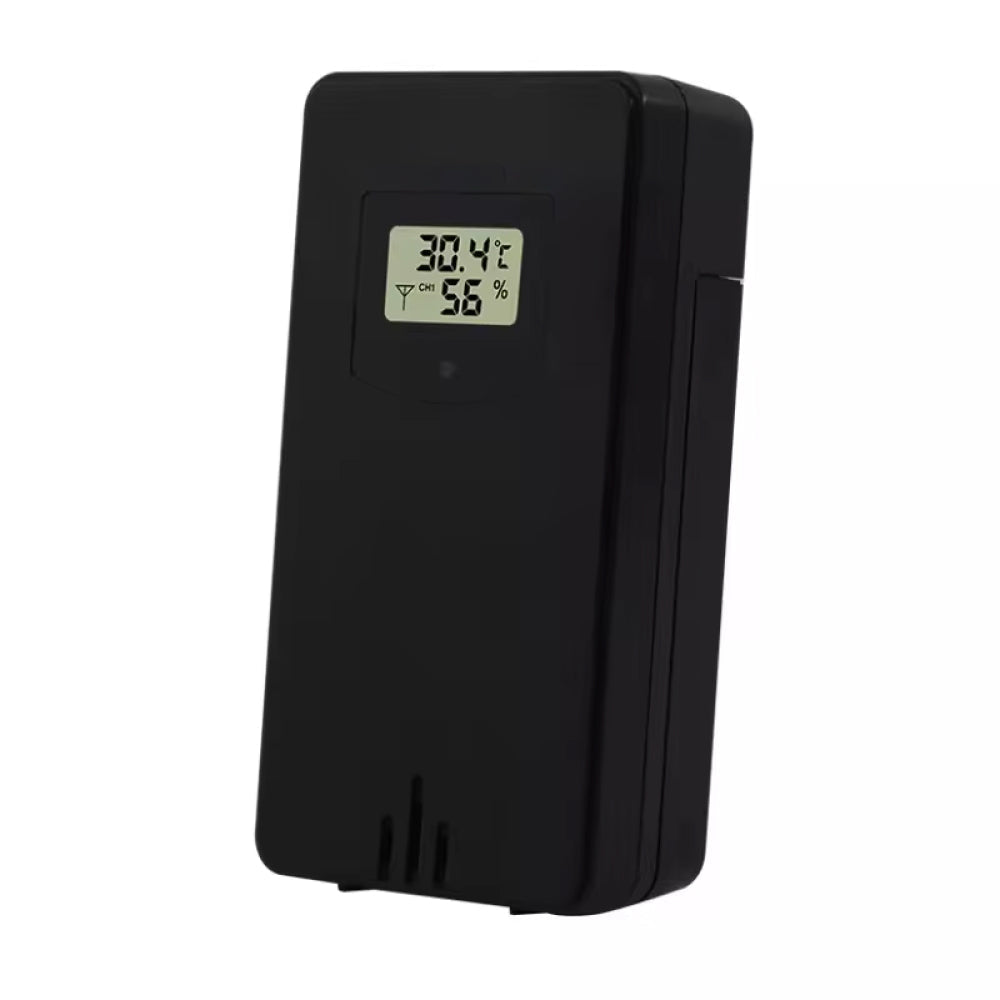 Black digital thermometer and humidity meter on a white background