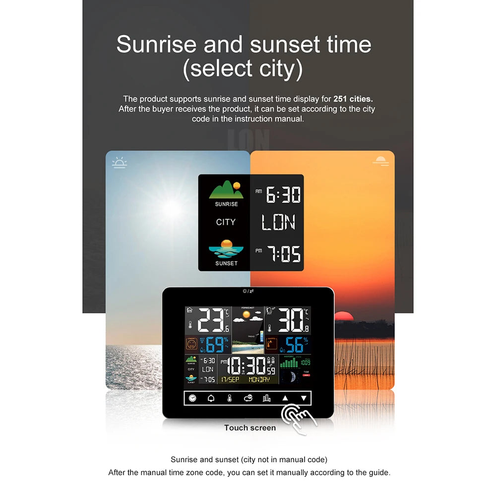Zephytrak Home Weather Station clock displaying sunrise and sunset times with a city selection feature.