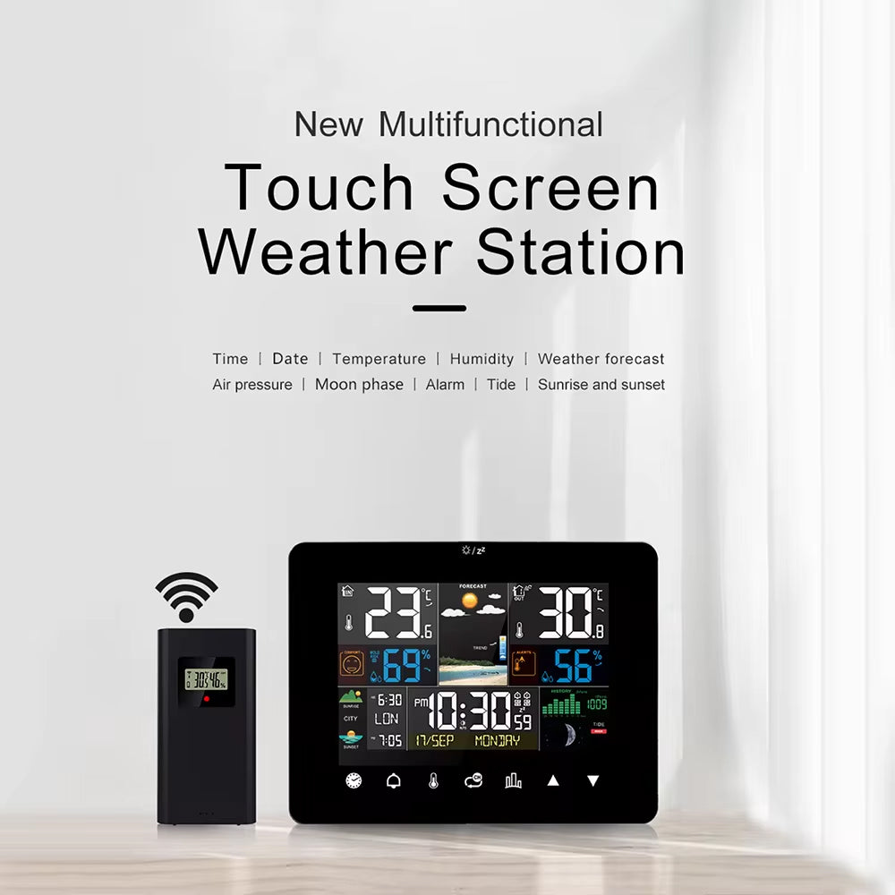 Multifunctional touch screen Zephytrak Home Weather Station with digital display on a white background