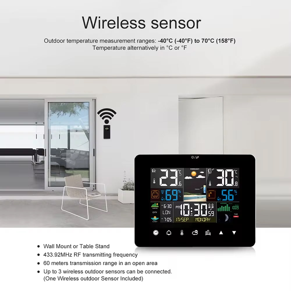 Wireless sensor with Zephytrak Home Weather Station display in a modern indoor setting