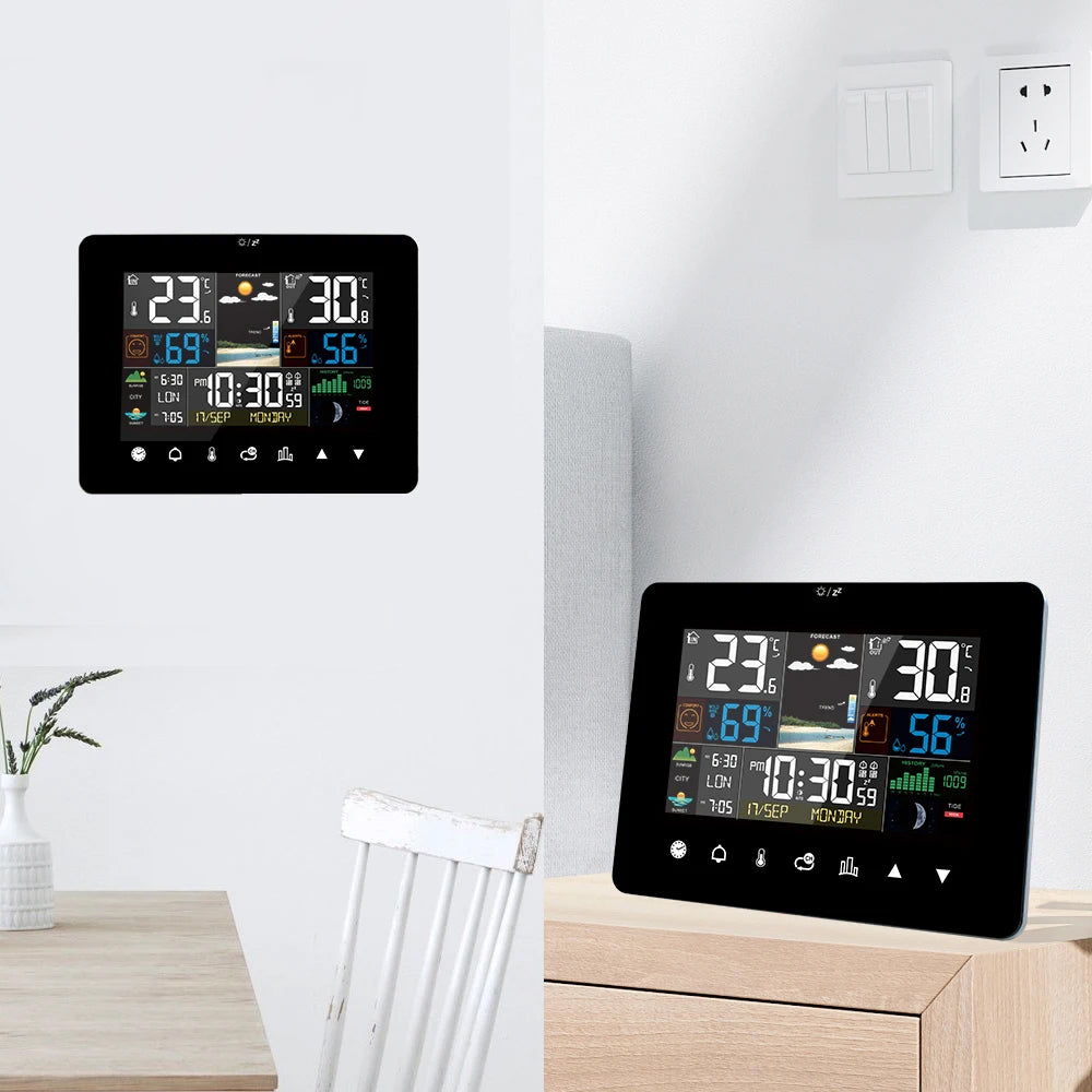 Zephytrak Home Weather Station with temperature and humidity display on a white wall.