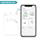 Phone screen showing app interface with search bar and tag selection for 'Painting' notes.