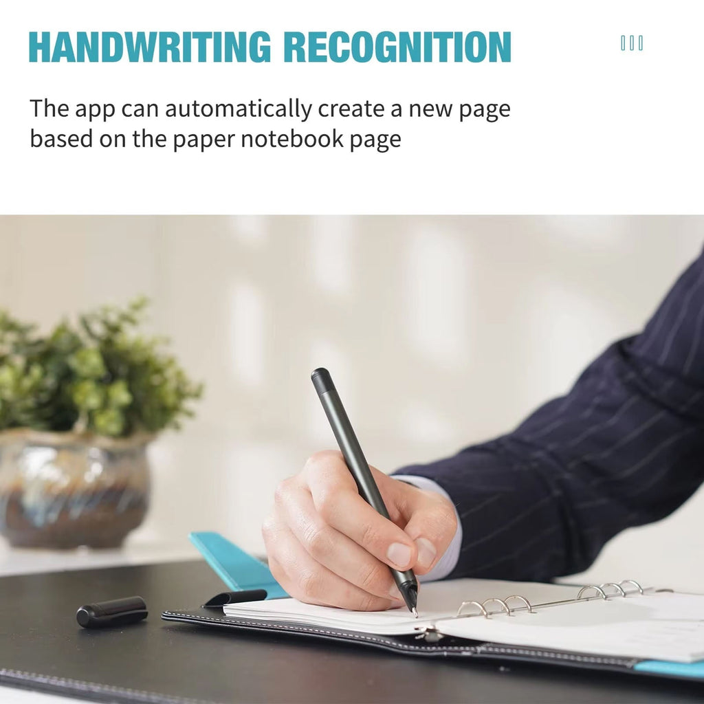 Person writing in a ZihaBook Digital Notepad with a pen, text about handwriting recognition app.