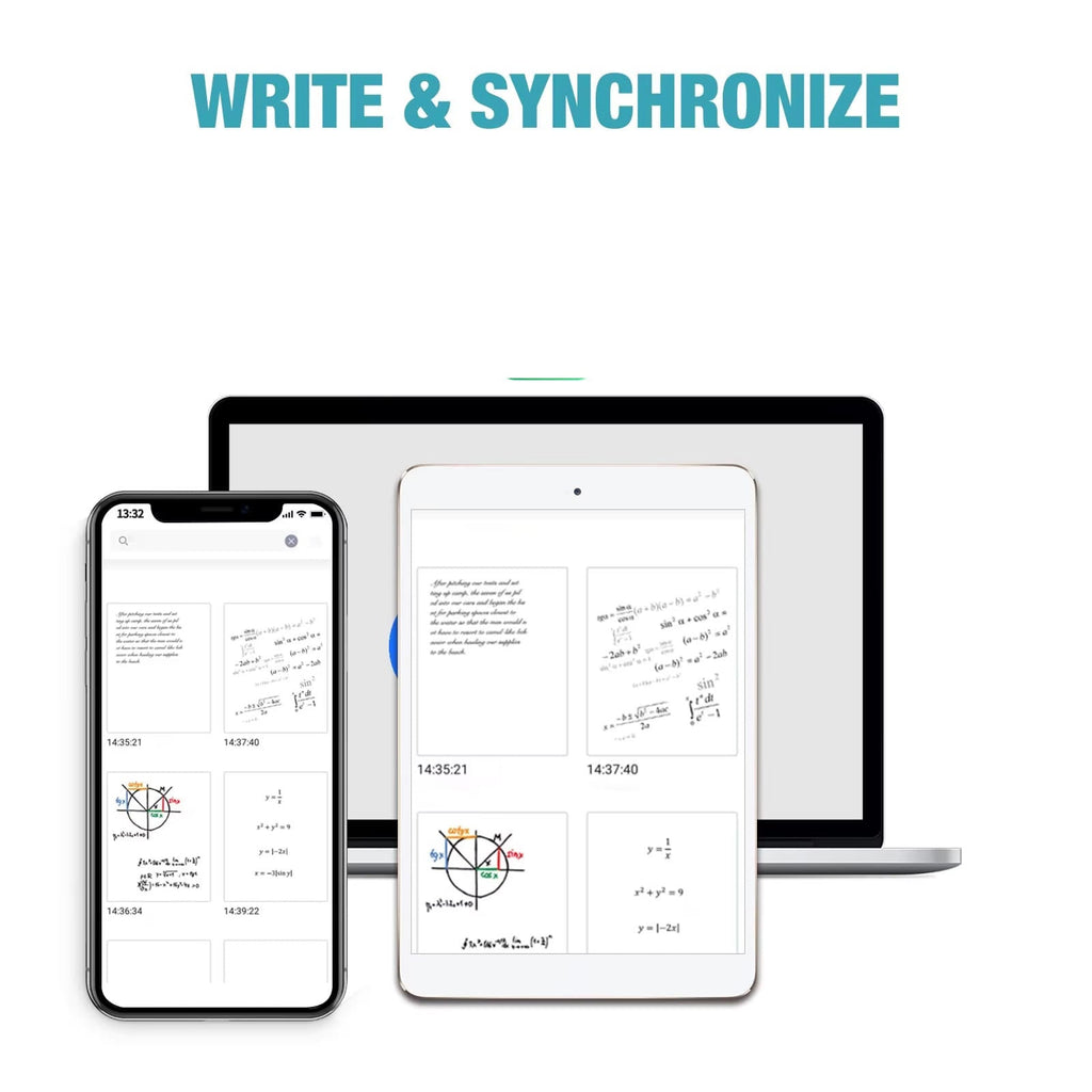 ZihaBook Digital Notepad including a smartphone, tablet, and laptop displaying synchronized notes on a white background with 'Write & Synchronize' text.