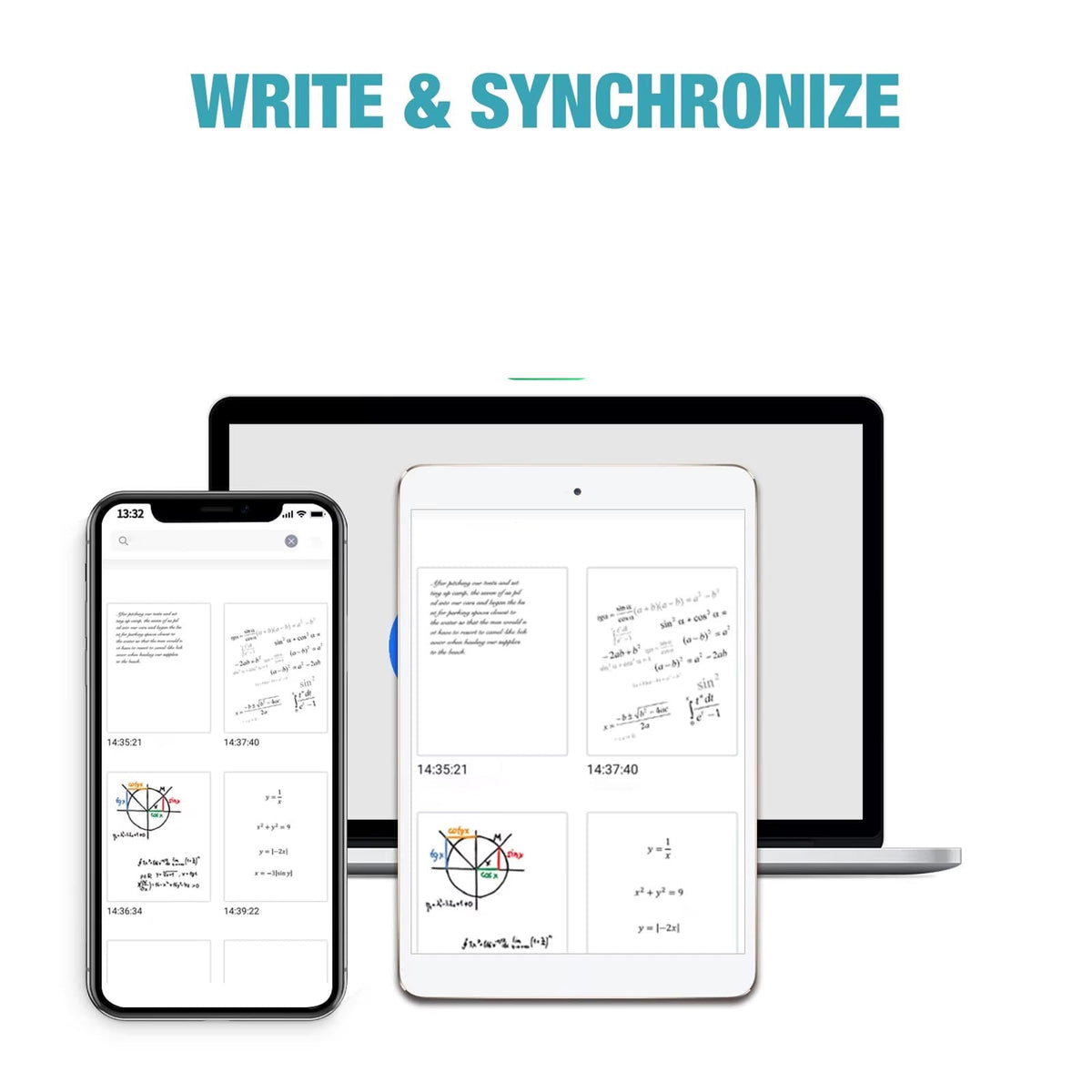 ZihaBook Digital Notepad including a smartphone, tablet, and laptop displaying synchronized notes on a white background with 'Write & Synchronize' text.