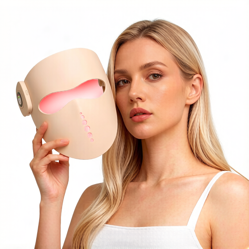 A blonde woman holds a beige LED light therapy Zylos 9D Stereoscopic Face Mask with a glowing pink interior against a clean white background.