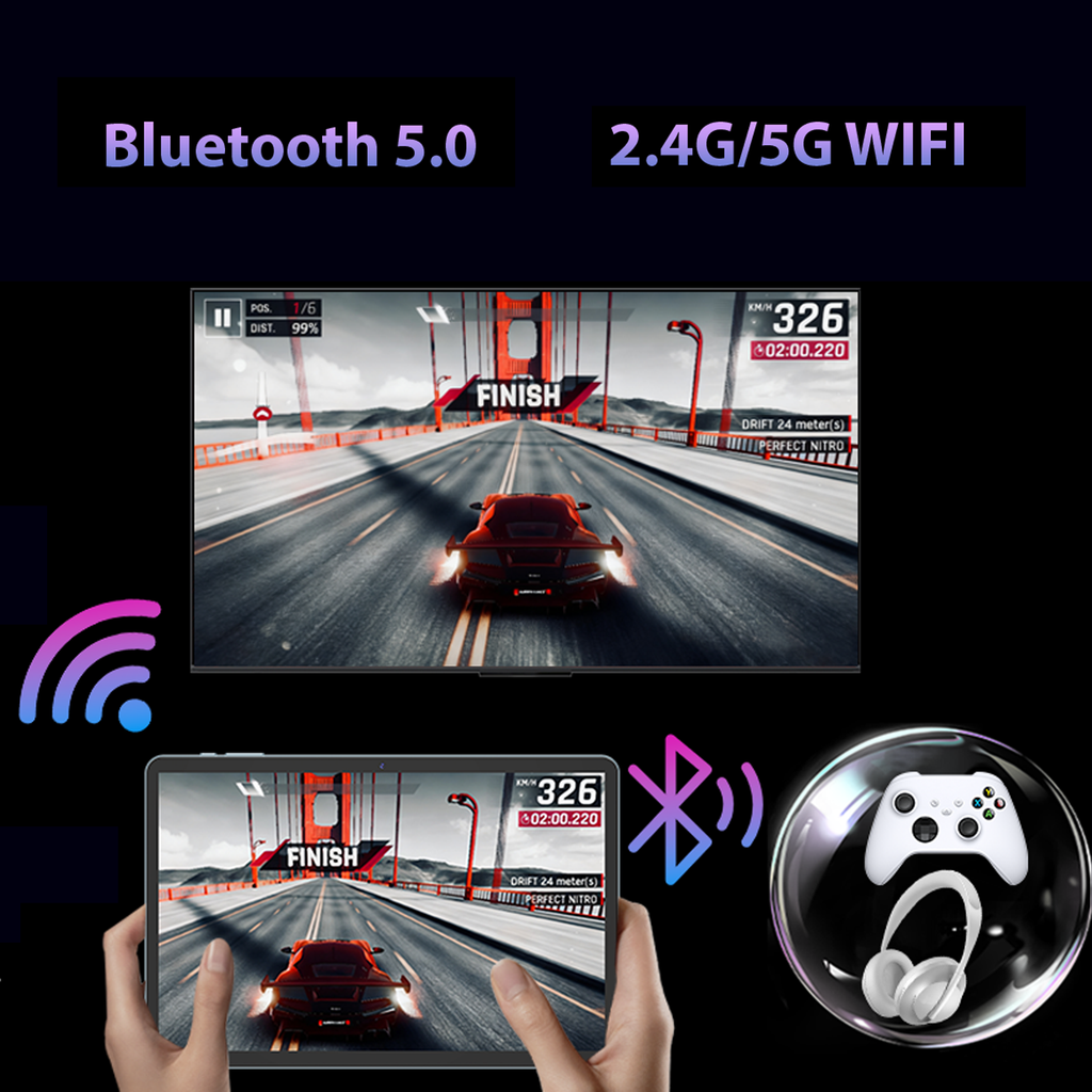 Promotional graphic for a wireless gaming headset or controller accessory, showing a smartphone with a racing game screen, a Zylos Android 10.1 Inch Tablet with similar screen content, Bluetooth and WiFi icons, and a round inset with a white game controller and headphones on a black background. Text at the top reads 'Bluetooth 5.