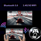 Promotional graphic for a wireless gaming headset or controller accessory, showing a smartphone with a racing game screen, a Zylos Android 10.1 Inch Tablet with similar screen content, Bluetooth and WiFi icons, and a round inset with a white game controller and headphones on a black background. Text at the top reads 'Bluetooth 5.