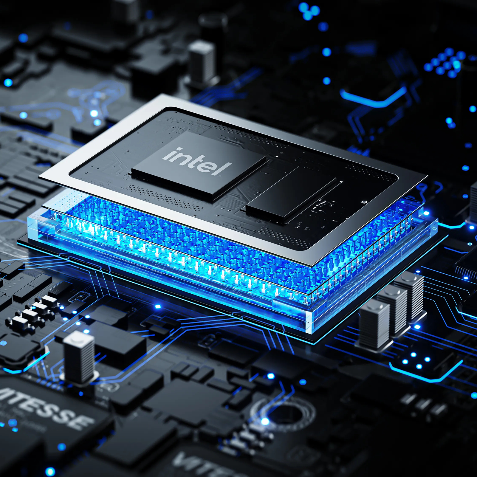 A high-tech Intel processor chip glowing with bright blue light, mounted on a dark circuit board with blue LED accents.