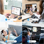 Collage of a Zylos Android 10.1 Inch Tablet being used for work, study, entertainment, and GPS navigation.