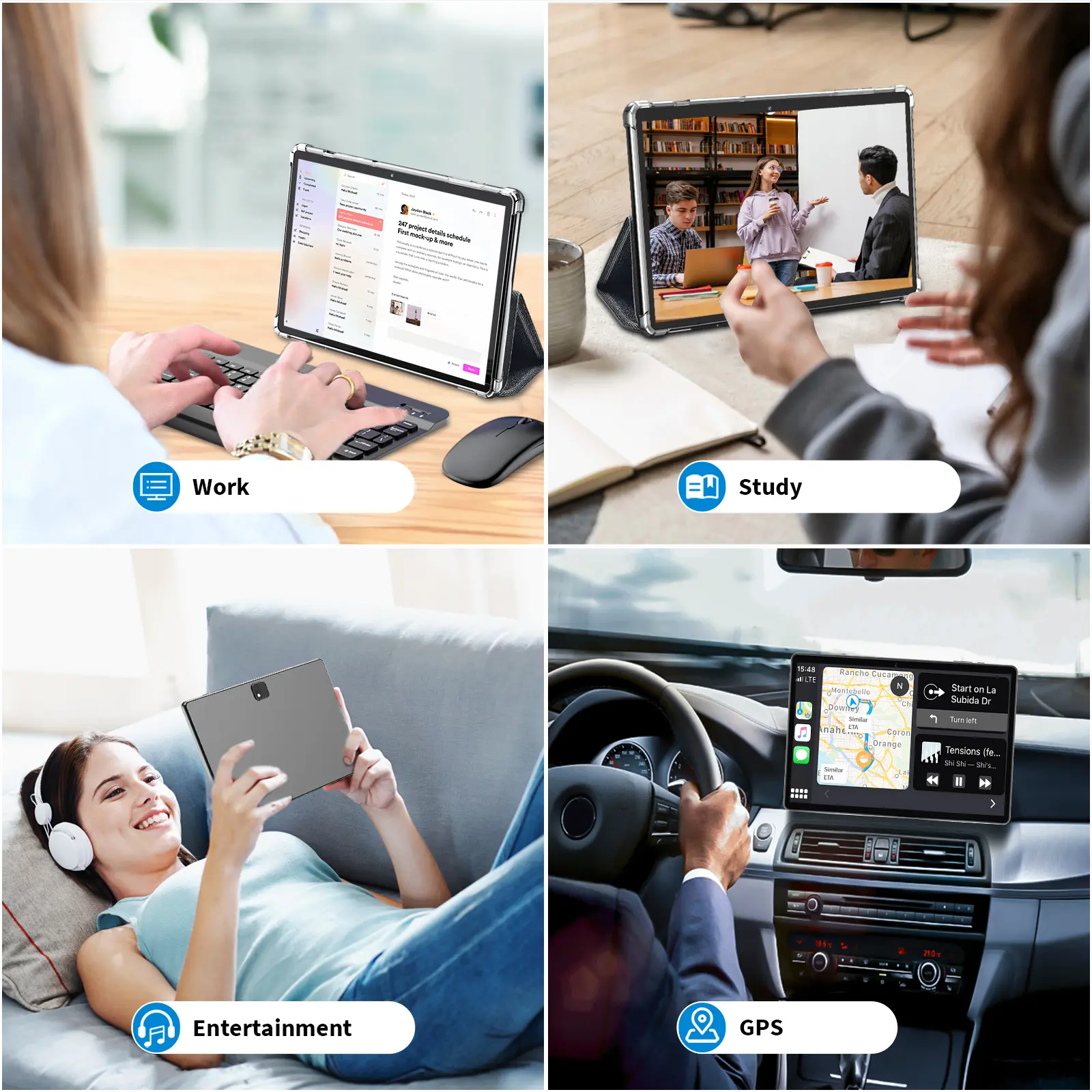 Collage of a Zylos Android 10.1 Inch Tablet being used for work, study, entertainment, and GPS navigation.