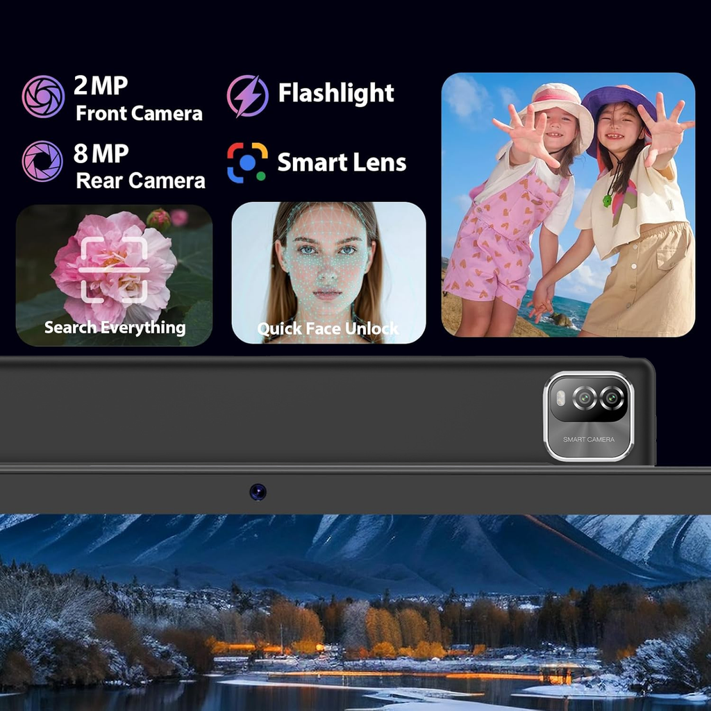 A smartphone shown from the back with a black bezel and a triple rear camera cutout, displayed on a dark promotional graphic with feature callouts such as 2 MP front camera, 8 MP rear camera, flashlight, smart lens, search everything, quick face unlock, and a landscape photo sample.