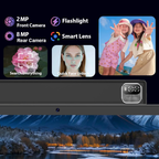 A smartphone shown from the back with a black bezel and a triple rear camera cutout, displayed on a dark promotional graphic with feature callouts such as 2 MP front camera, 8 MP rear camera, flashlight, smart lens, search everything, quick face unlock, and a landscape photo sample.