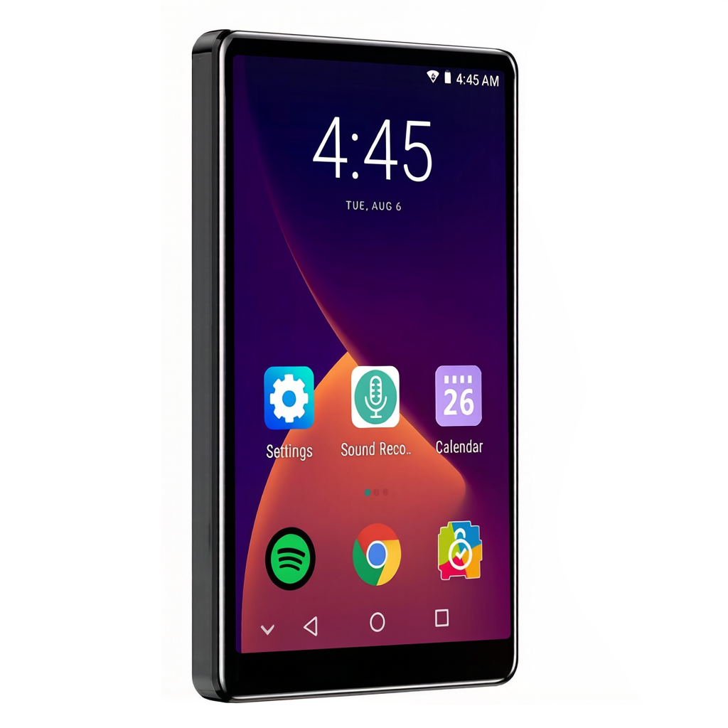 A black Zylos Full TouchScreen MP3 Player smartphone shown at a three-quarter angle against a plain white background, displaying its home screen with various app icons.