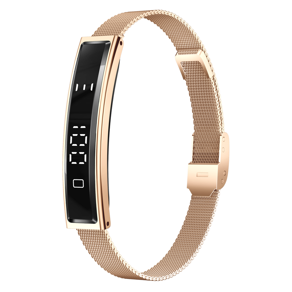 A rose gold Zylos Smart Fitness Bracelet band with a rectangular black digital display screen and a matching rose gold mesh metal loop, shown on a solid white background.