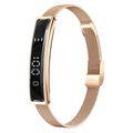 A rose gold Zylos Smart Fitness Bracelet band with a rectangular black digital display screen and a matching rose gold mesh metal loop, shown on a solid white background.