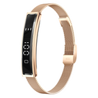 A rose gold Zylos Smart Fitness Bracelet band with a rectangular black digital display screen and a matching rose gold mesh metal loop, shown on a solid white background.