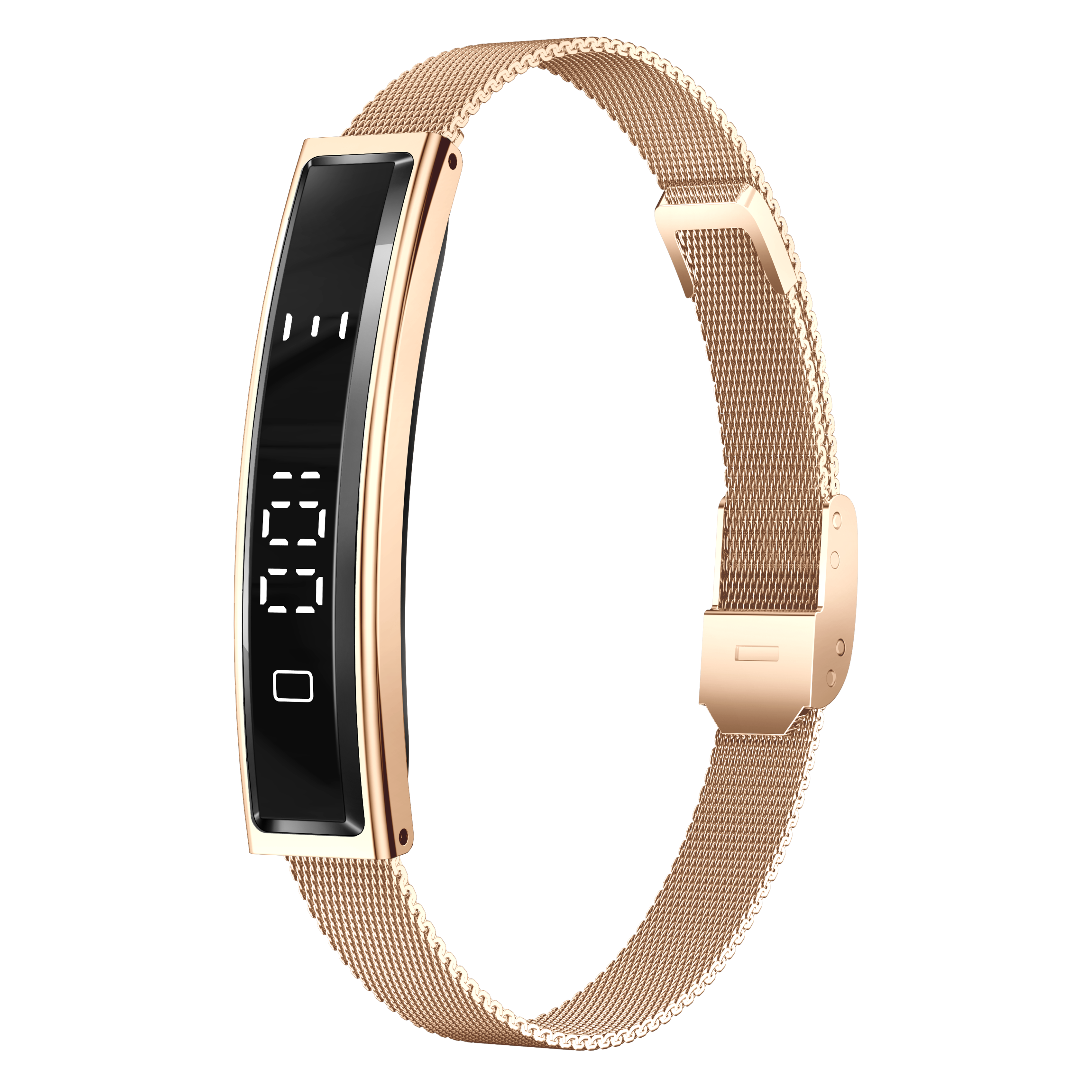 A rose gold Zylos Smart Fitness Bracelet band with a rectangular black digital display screen and a matching rose gold mesh metal loop, shown on a solid white background.