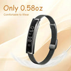 A slim black Zylos Smart Fitness Bracelet with a digital display and mesh metal loop, shown on a soft beige background with the text 'Only 0.58oz' and 'Comfortable to Wear'.