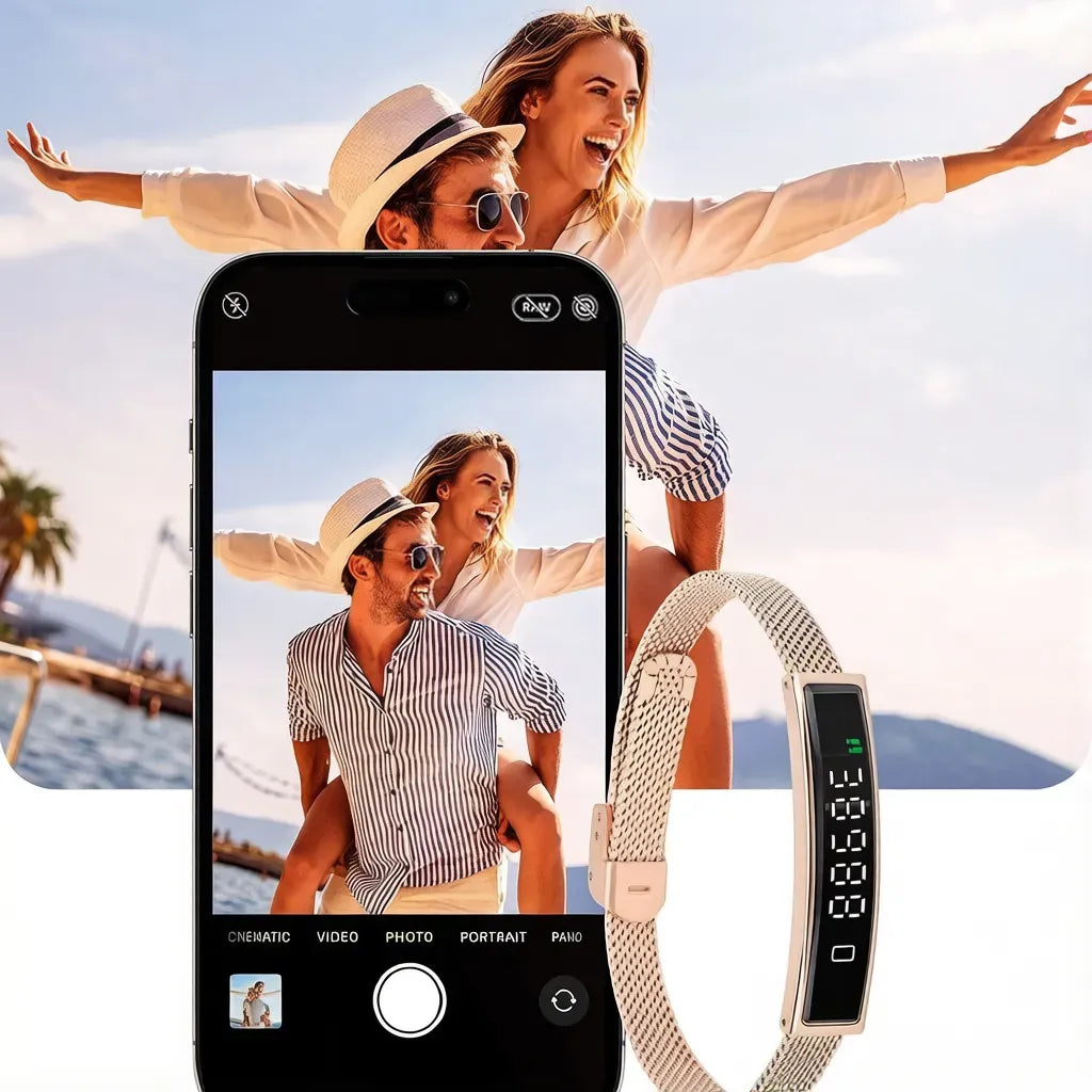 A Zylos Smart Fitness Bracelet with a beige mesh band and a black digital display is shown in front of a smartphone screen displaying a photo of a couple, with a real couple also pictured in the background.