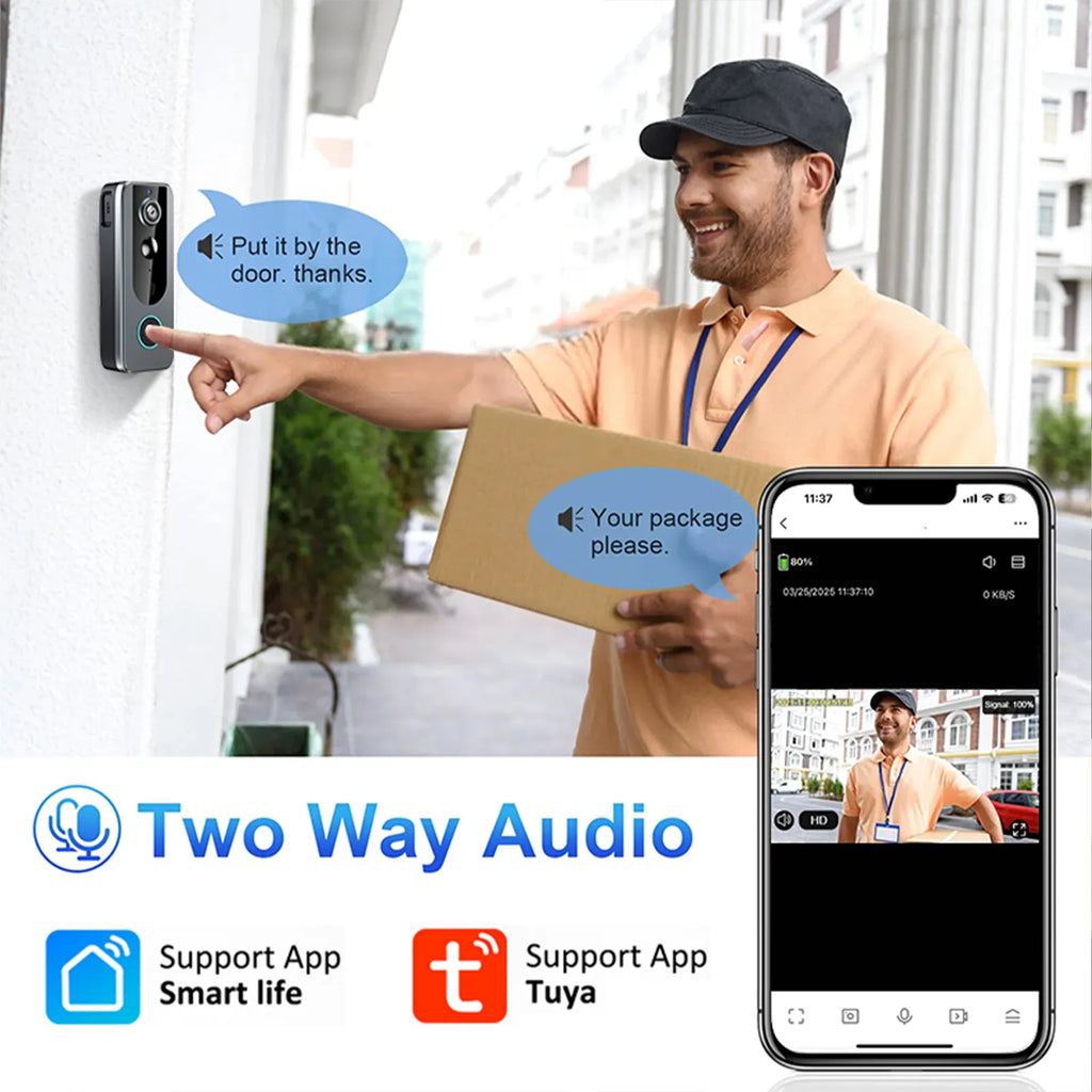 A man in an orange polo shirt and black cap points to a black smart Zylos Video Doorbell Camera mounted on a white exterior wall. A smartphone screen on the right shows a live video feed from the doorbell.